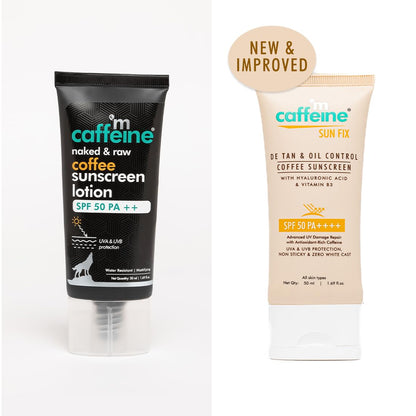 Two bottles of caffeine-based sunscreen lotion on a white background