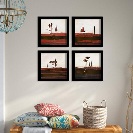 Landscape Wall Art Painting for Living Room, Tree & Nature Framed Painting, Set of 4, 9x9 Inch