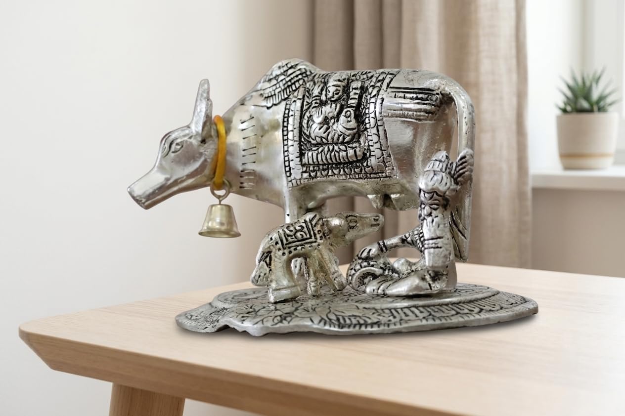 KridayKraft Kamdhenu Cow and Calf with Krishna Idol, Silver-Plated Decorative Showpiece for Home Decor and Gift, 14 x 11 cm X 10 cm, 350 g