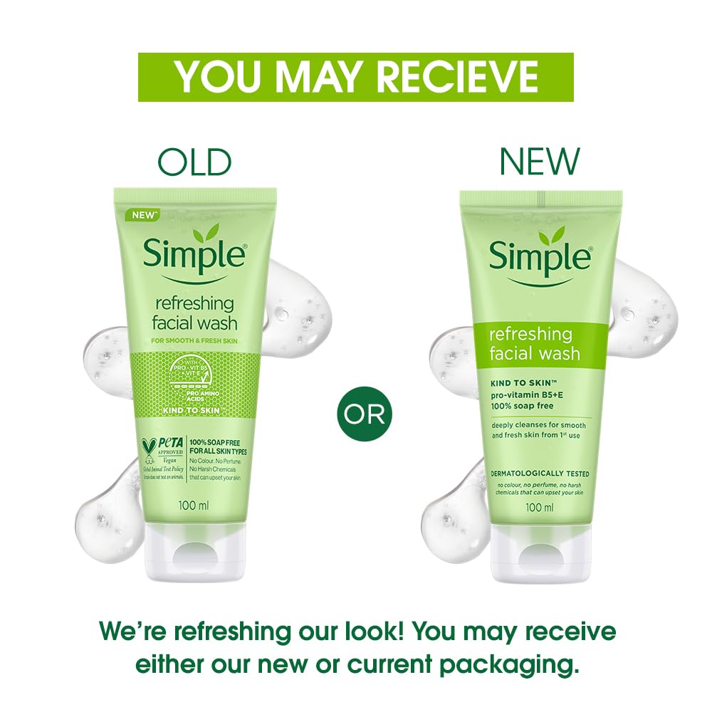 Simple Kind to Skin Refreshing Facial Wash | 100% Soap-Free Gentle Cleanser with Vitamin E & Glycerin | For All Skin Types | Perfect for Sensitive Skin, 100ml