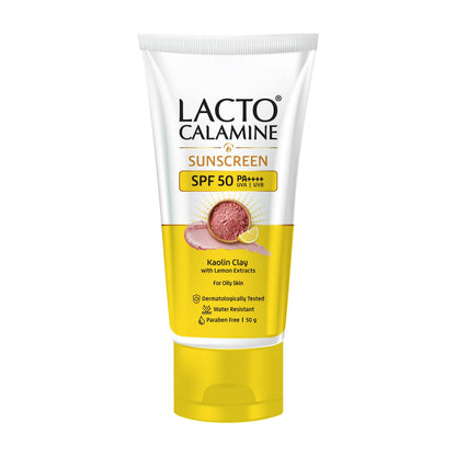 Lacto Calamine Sunscreen SPF 50 | 50g | PA ++++ For Oily Skin | UVA – UVB | Water Resistant & No White Cast | With Kaolin Clay, Vitamin E & Lemon Extracts | Paraben Free