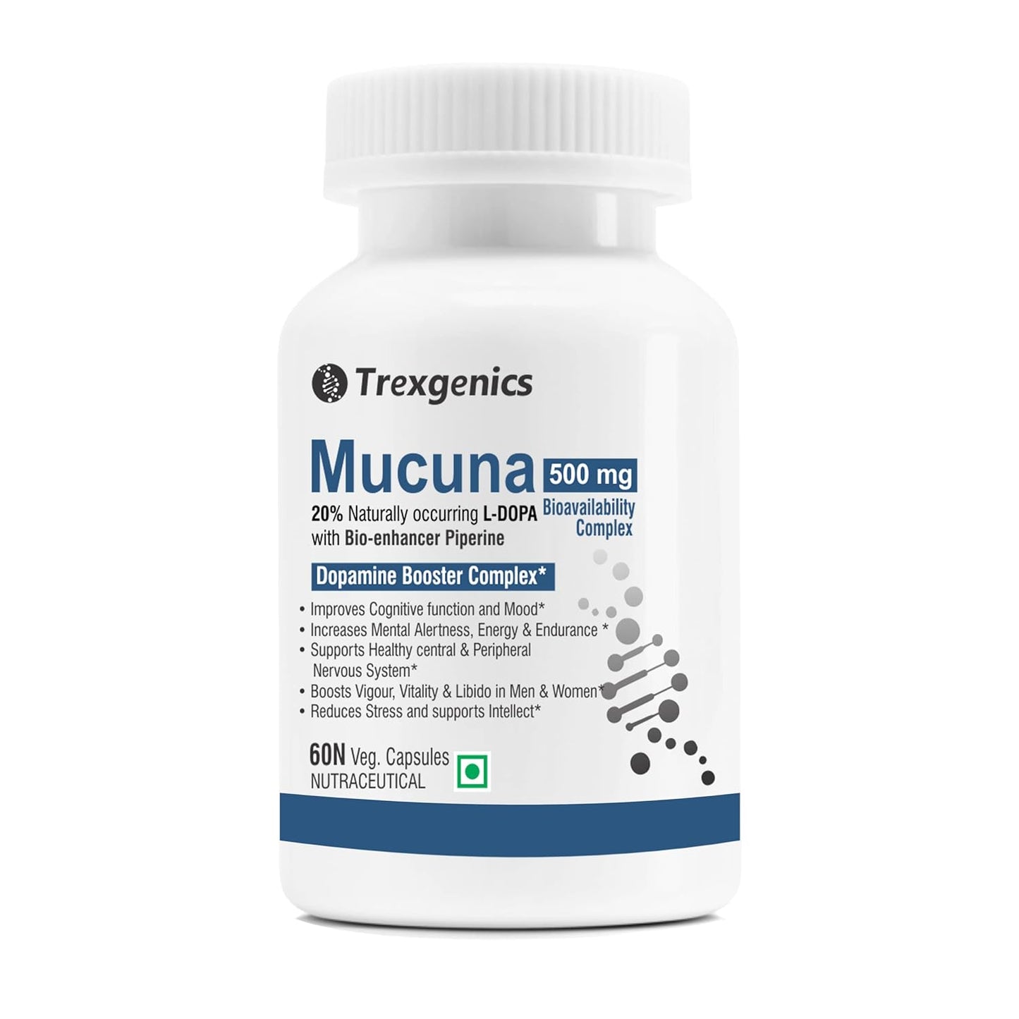 Trexgenics Mucuna 500 mg supplement bottle on a white background