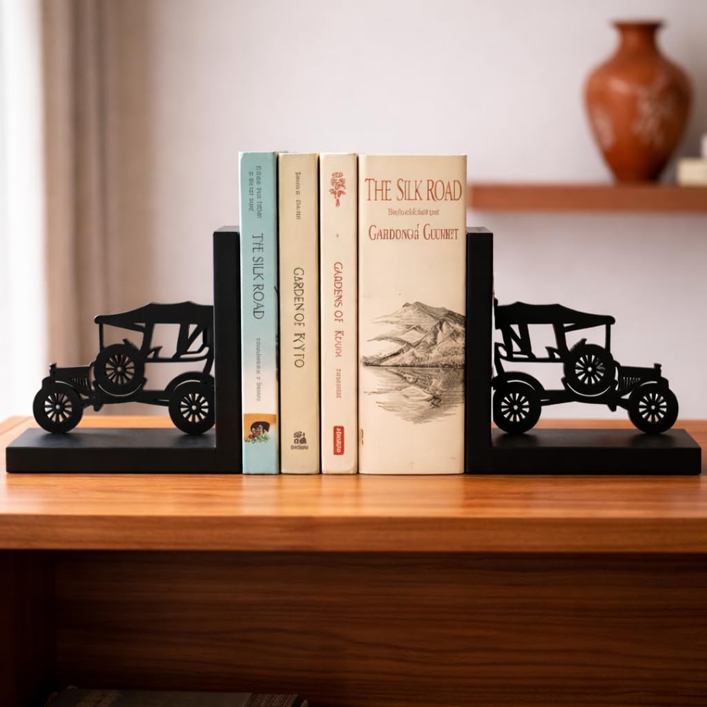 eCraftIndia Wooden Book End with Jeep Showpiece for Home Decor Office Table | Gift for Housewarming Birthday