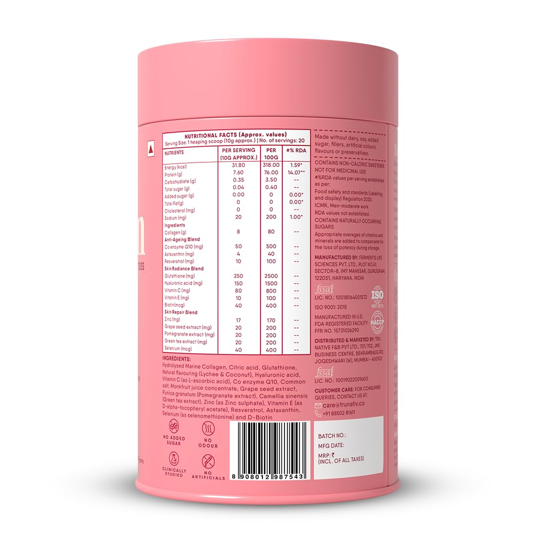 Trunativ Collagen Supplements | Advanced Japanese Marine Collagen Powder for Women & Men | Type 1 and 3 Hydrolyzed Peptides | Supplement with Hyaluronic Acid | Supports Skin Glow, Hair Growth, and Nail Strength | Lychee Coconut (200g)