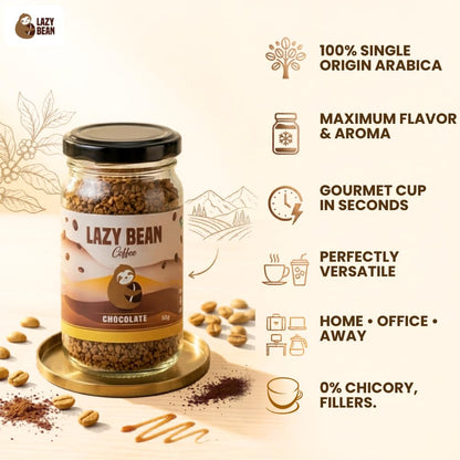 Lazy Bean Intense Chocolate Flavoured - Premium Instant Coffee Powder 50 g | Strong Black Coffee, Rich Aroma, Quick-Dissolving Granules | Ready in Seconds for Hot or Iced Brews at Home, Office, Travel