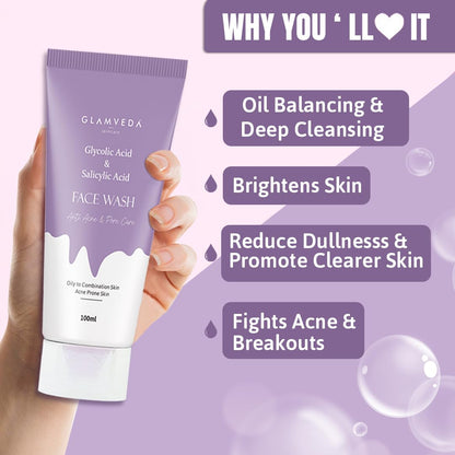 Glamveda Glycolic Acid & 0.05% ww Salicylic Acid Anti Acne face wash | For Oily & Acne Prone Skin | Oil balancing, Deep Cleansing | No Paraben, SLS | 100 ml