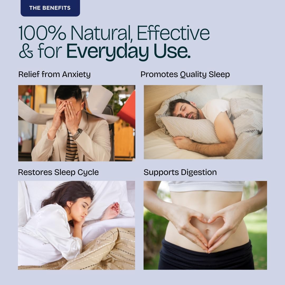 Advertisement for a product with images of people experiencing relief from anxiety, quality sleep, restored sleep cycle, and digestion support.
