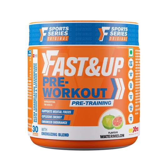 Fast&Up pre-workout supplement container with orange and blue design on a white background