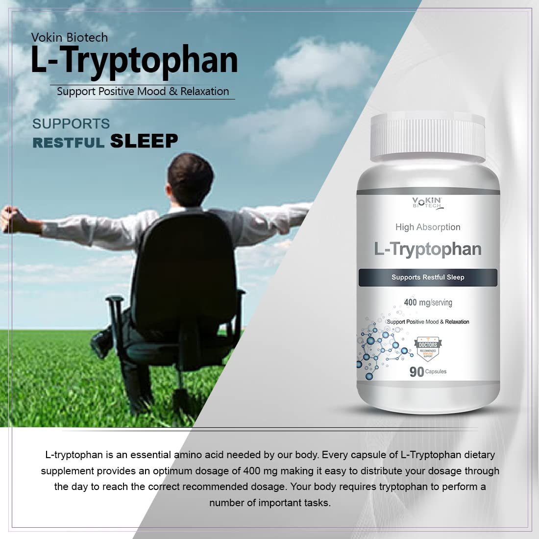 Vakin Biotech L-Tryptophan supplement bottle with a man sitting on grass and blue sky in the background.