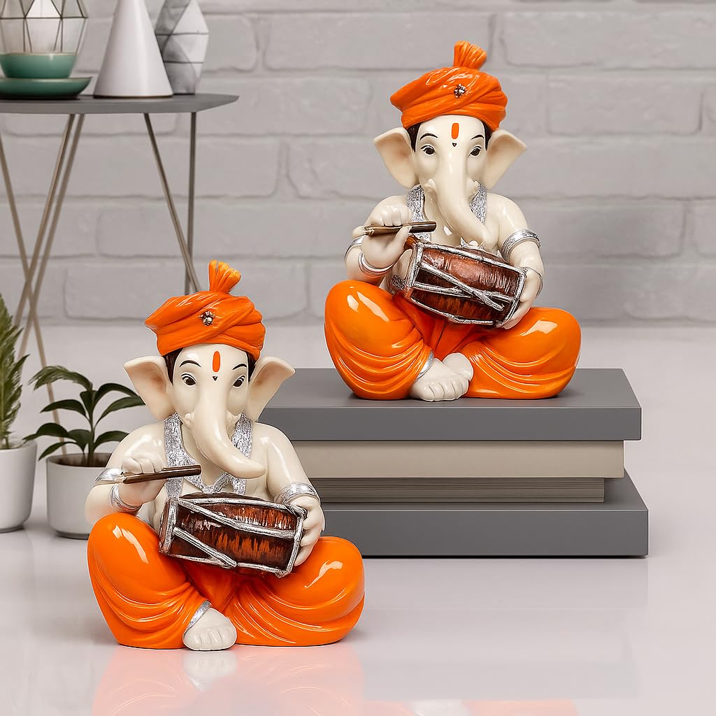 Xtore Musical Ganesha Pair for Home Decor Handicraft Resin| Brings Prosperity - (Orange and White, Pack of 2)(Resin)