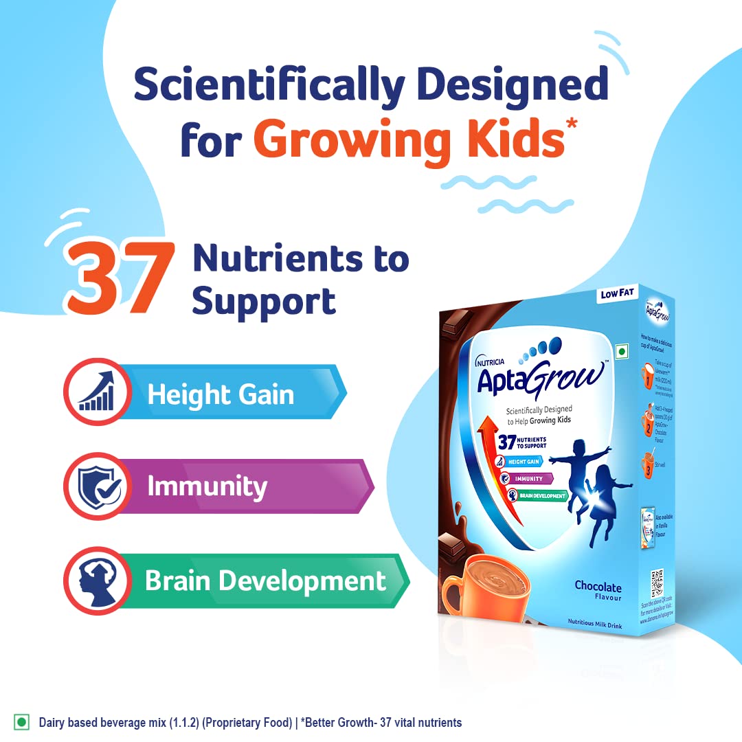 AptaGrow Milk Drink Powder For Kid S Height Gain,Immunity & Brain Development,Nutritious & Tasty Chocolate Flavor,400 G|37 Nutrients|Prebiotics|Low Fat|Veg,1 Count,13 Servings