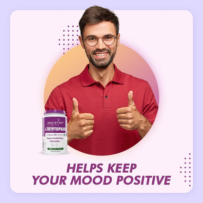 Man in red shirt giving thumbs up with L-Tryptophan supplement bottle, on a gradient background.