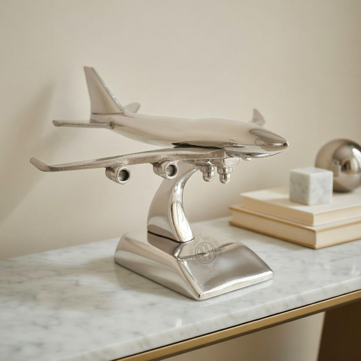 Brass Jet Plane On Stand Table Top Decorative Showpiece for Home Decor & Office Table and Gifting. (Silver)