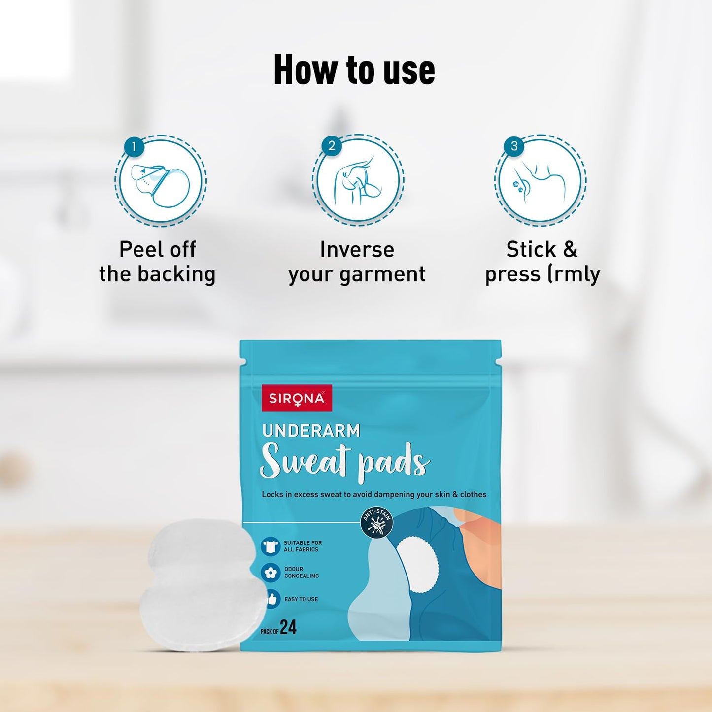 SIRQNA underarm sweat pads packaging with usage instructions on a light background
