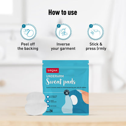 SIRQNA underarm sweat pads packaging with usage instructions on a light background