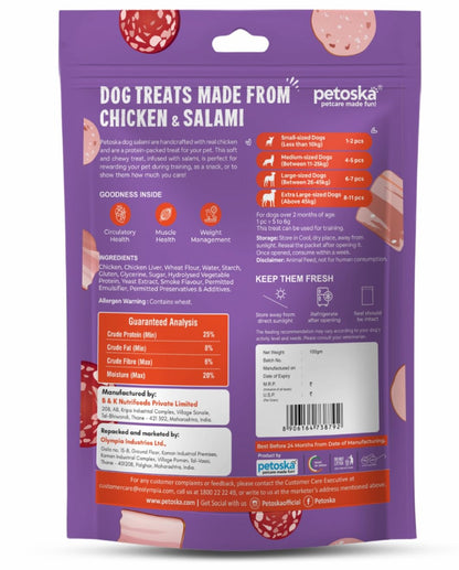 Petoska Smoked Chicken Salami- 100gms | High-Protein Treat for Dogs & Puppies | Made with Real Chicken | Perfect for Training & Snacking | Dogs of All Breeds