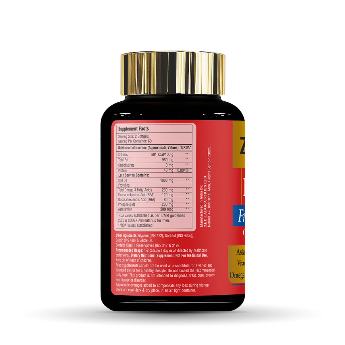 Supplement bottle with red label on a white background