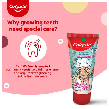 Colgate Kids Barbie Toothbrush, Extra Soft with Tongue Cleaner (Pack of 3) & Colgate Kid's Barbie 80g Anticavity Toothpaste -Strawberry Flavour for Cavity Protection, Enamel Protection COMBO