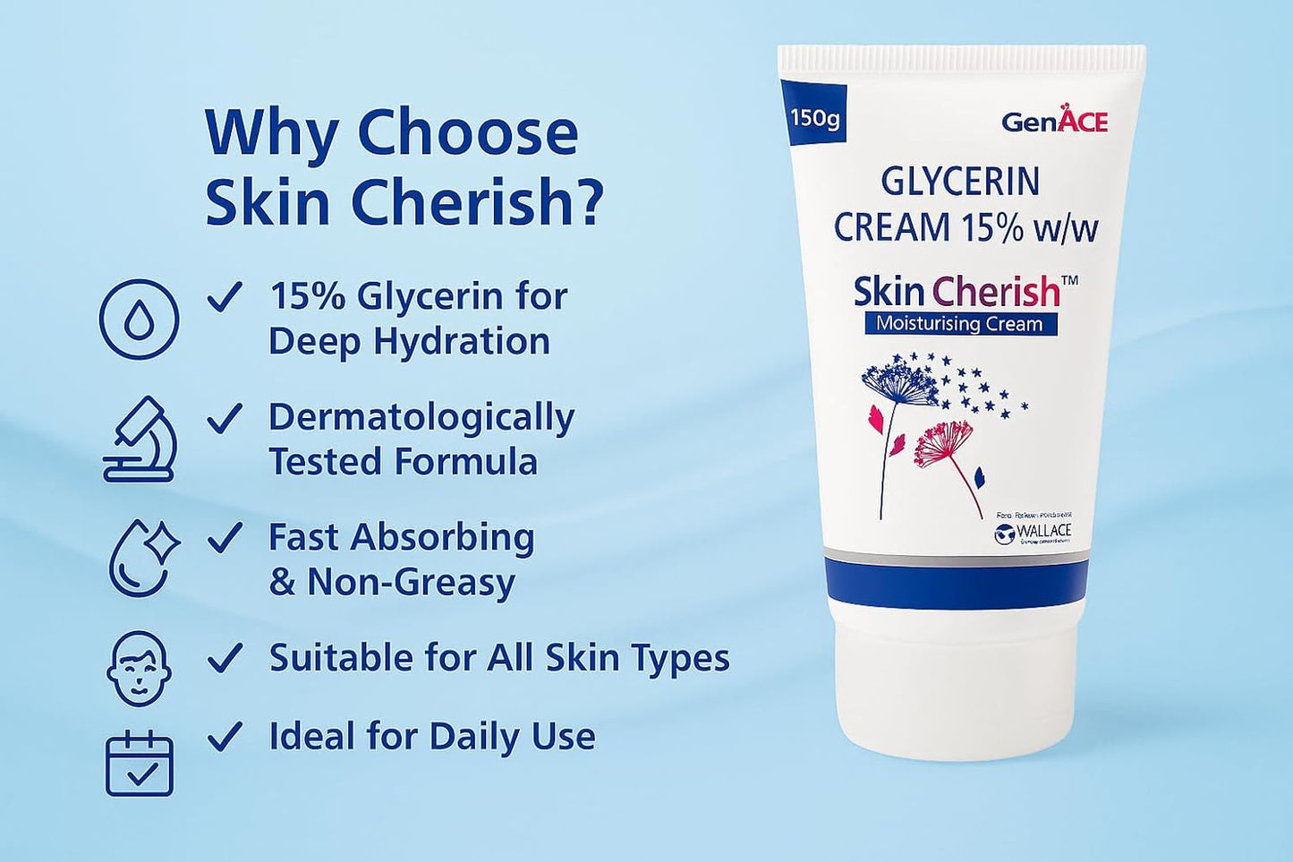 Skin Cherish Glycerin Cream 15% w/w – 150g | Deep Moisturizing Cream for Dry & Sensitive Skin | Hydrating, Nourishing & Soothing Formula | Dermatologically Tested