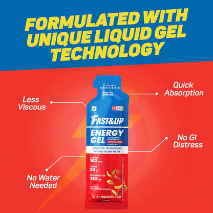 Fast&Up Energy Gel- Strawberry Banana flavour (Caffeinated) - Pack of 6 Gel Sachets, 39g per sachet- For Instant energy boost, Improved endurance and performance