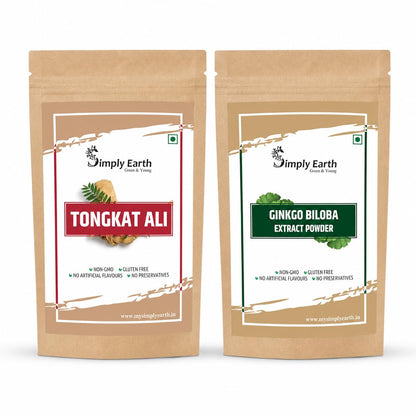 Simply Earth Power & Focus Combo: 50g Pure Tongkat Ali Root Powder (100:1 Extract) + 100g Ginkgo Biloba Powder - Herbal Blend for Stress Tolerance, Brain Health and Strength