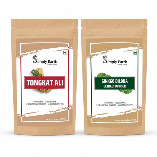 Simply Earth Power & Focus Combo: 50g Pure Tongkat Ali Root Powder (100:1 Extract) + 100g Ginkgo Biloba Powder - Herbal Blend for Stress Tolerance, Brain Health and Strength
