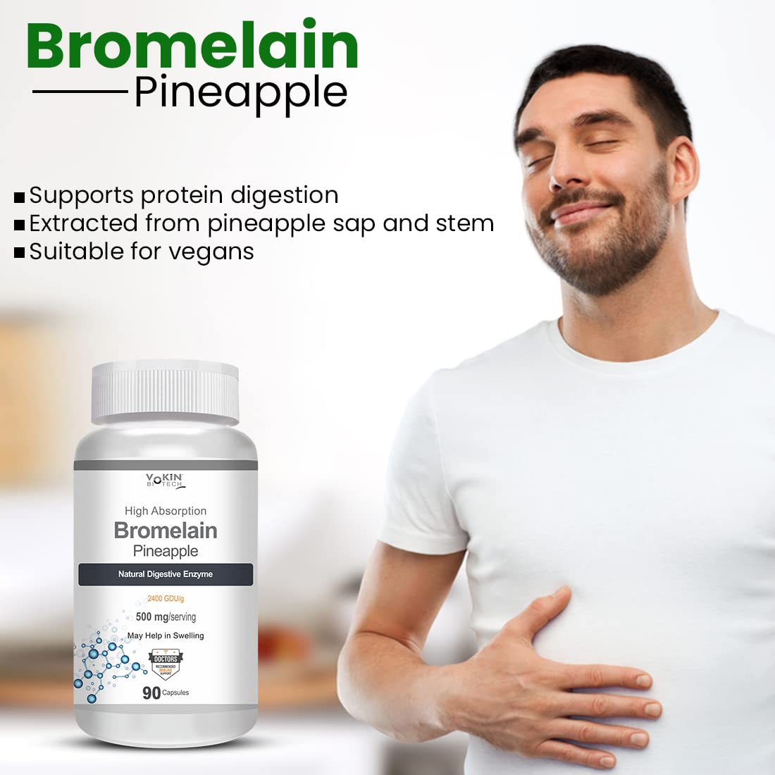 Bromelain supplement bottle with a man holding his stomach, indicating digestive support.