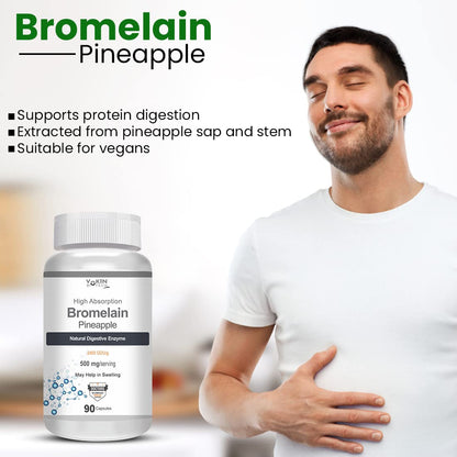 Bromelain supplement bottle with a man holding his stomach, indicating digestive support.