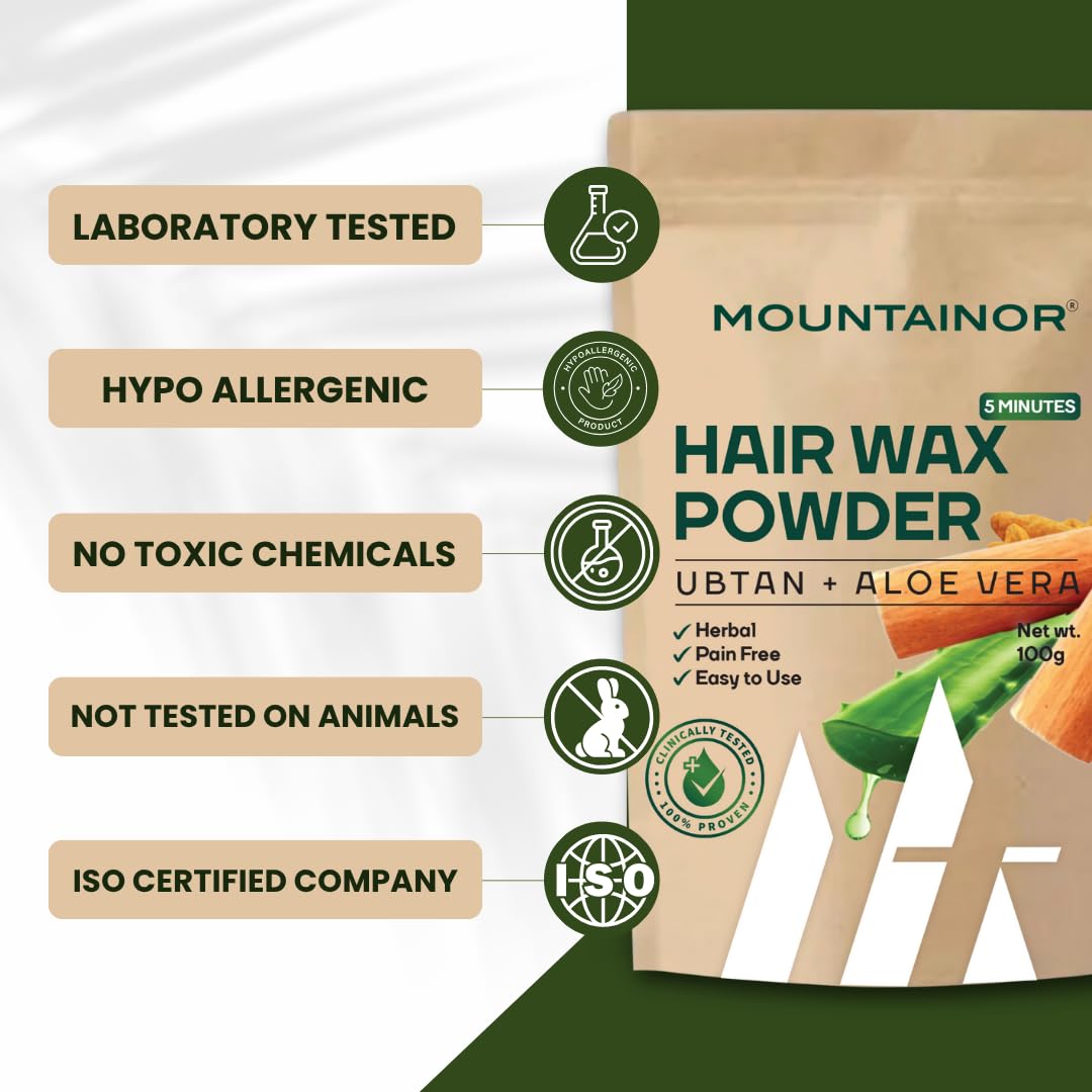 Mountainor hair wax powder packaging with product details and certifications on a white background