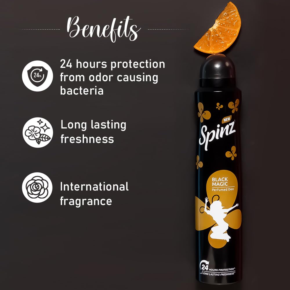 New Spinz Black Magic Perfumed Deo for Women, with International Fragrances for Long Lasting Freshness and 24 Hours Protection from Odour causing Bacteria, 200ml