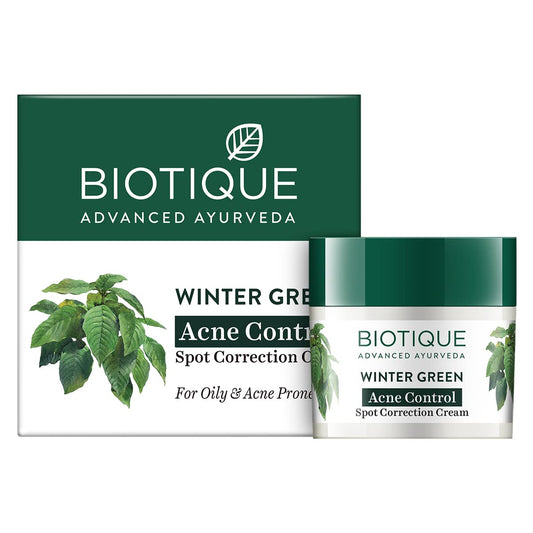 Biotique Winter Green Acne Control Spot Correction Cream packaging on a white background