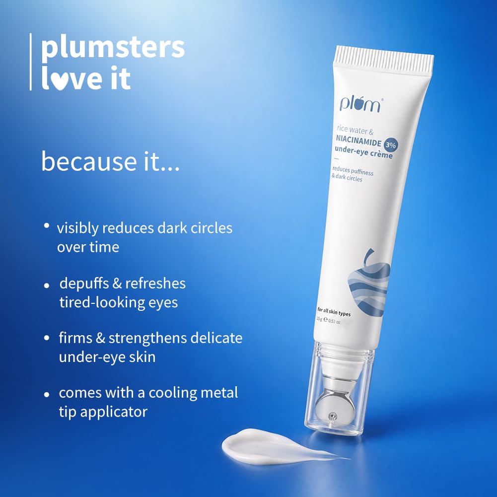 Plum Rice Water & Niacinamide 3% Under-Eye Crème 15g | With Peptides Ceramides & Caffeine