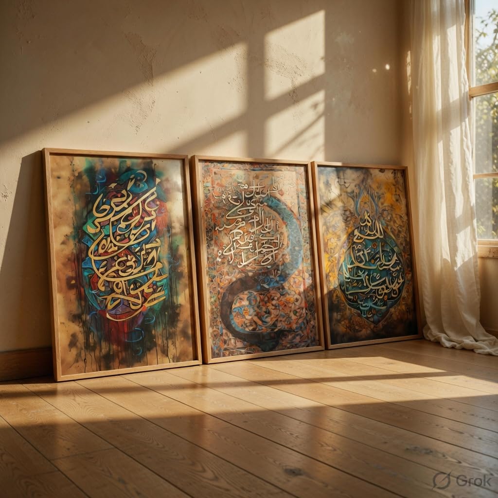 Islamic Calligraphy Wall Painting Set of 3 with Wooden Frames | Arabic Quranic Calligraphy Islamic Wall Art | HD Sparkle Printed MDF Wall Decor for Living Room, Bedroom & Prayer Room