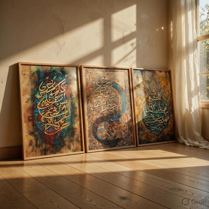 Islamic Calligraphy Wall Painting Set of 3 with Wooden Frames | Arabic Quranic Calligraphy Islamic Wall Art | HD Sparkle Printed MDF Wall Decor for Living Room, Bedroom & Prayer Room