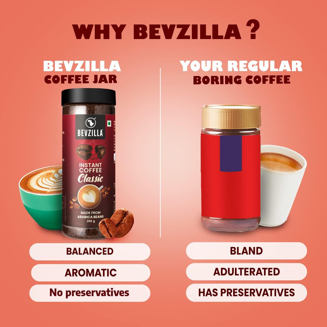 Bevzilla Classic Instant Coffee Powder Jar - 200g | Arabica Coffee | Best for Espresso, Latte & Cappucino | Hot & Cold Brews | Makes upto 100 Cups | No added preservatives