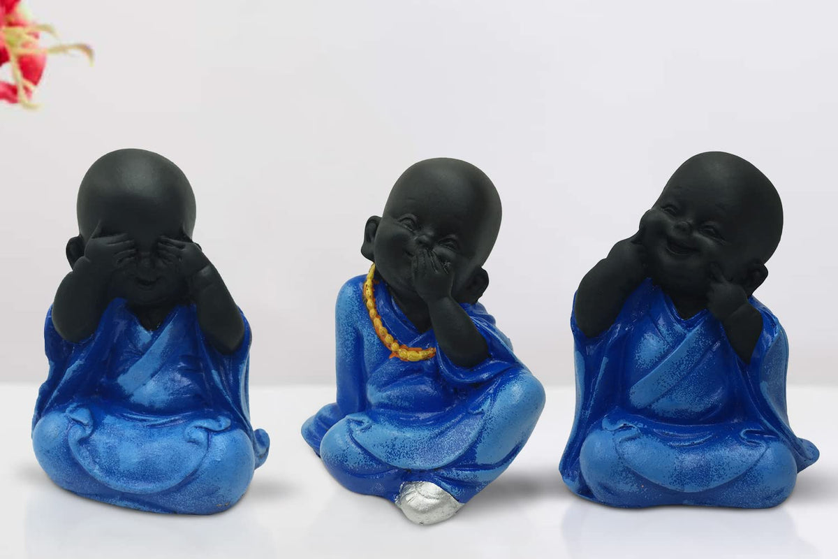 Polyresin Meditating Monk Buddha/Laughing Buddha/Happy Man Statue Standard Blue Color, 3 Piece - Lb-03