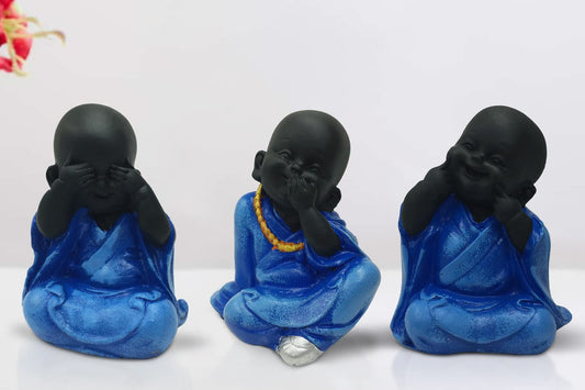 Polyresin Meditating Monk Buddha/Laughing Buddha/Happy Man Statue Standard Blue Color, 3 Piece - Lb-03