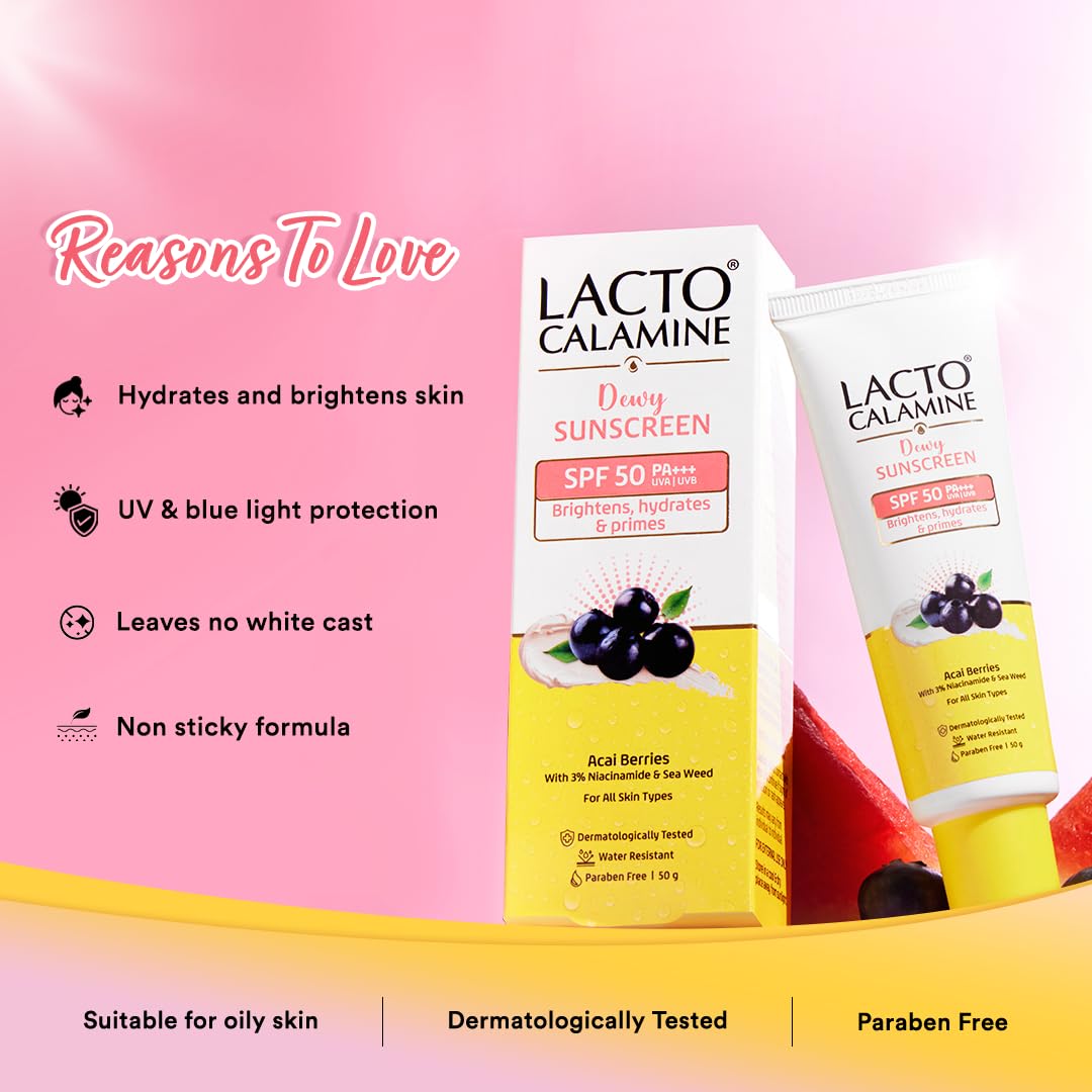 Lacto Calamine Dewy Glow Lightweight Sunscreen SPF 50 PFA +++ UVA & UVB Protection-Oily Skin | Acai Berries, Niacinamide & Watermelon | Dermatologically Tested | 50g