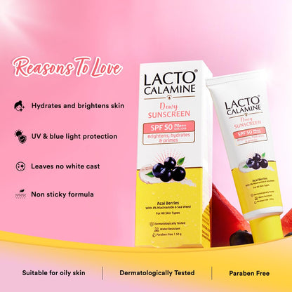 Lacto Calamine Dewy Glow Lightweight Sunscreen SPF 50 PFA +++ UVA & UVB Protection-Oily Skin | Acai Berries, Niacinamide & Watermelon | Dermatologically Tested | 50g
