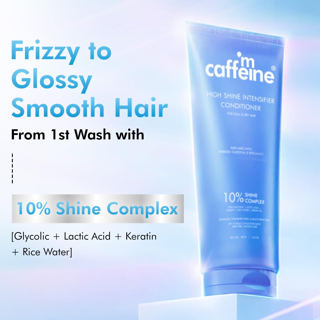 Caffeine hair conditioner bottle with text on a light blue background