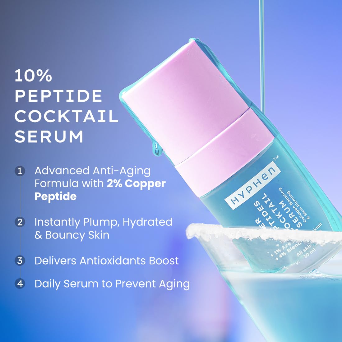 Hyphen 10% Peptide Cocktail Serum with product details on a blue background