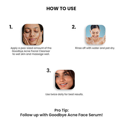 Instructions on how to use facial cleanser with images of a woman applying and rinsing off the product.