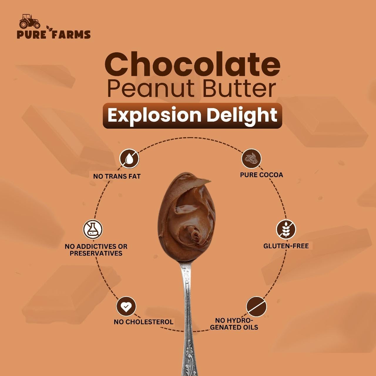 PURE FARMS Dark Chocolate Peanut Butter | Crunchy Chocolate Peanut Butter Spread | 22g Protein, Pure Cocoa | 80% Roasted Peanuts, No Hydrogenated Oil