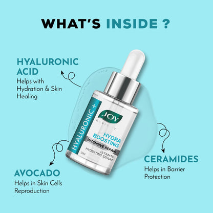 JOY Skincare Hyaluronic Acid serum bottle with ingredients highlighted on a light blue background