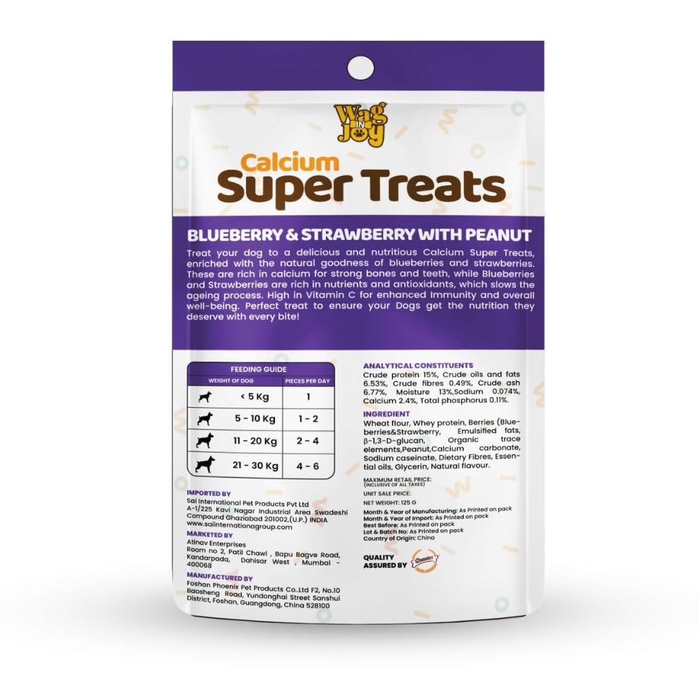 WAG IN JOY Calcium Super Treats Sticks 125 GMS | 100% Vegetarian Dog Treat|| Strong Bones and Joint| with Omega 3| Dog Food| Pack of 1|Blueberry & Strawberry with Peanuts|,Young