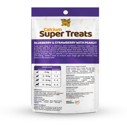 WAG IN JOY Calcium Super Treats Sticks 125 GMS | 100% Vegetarian Dog Treat|| Strong Bones and Joint| with Omega 3| Dog Food| Pack of 1|Blueberry & Strawberry with Peanuts|,Young