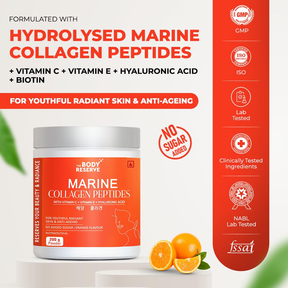 Product packaging of Marine Collagen Peptides with orange slices on a white background