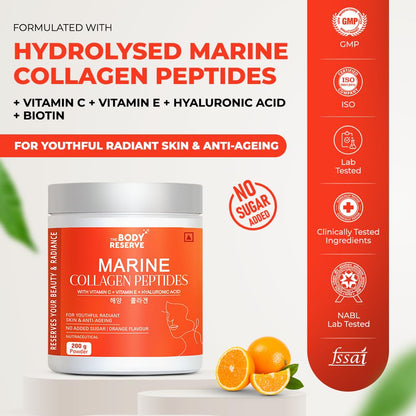 Product packaging of Marine Collagen Peptides with orange slices on a white background