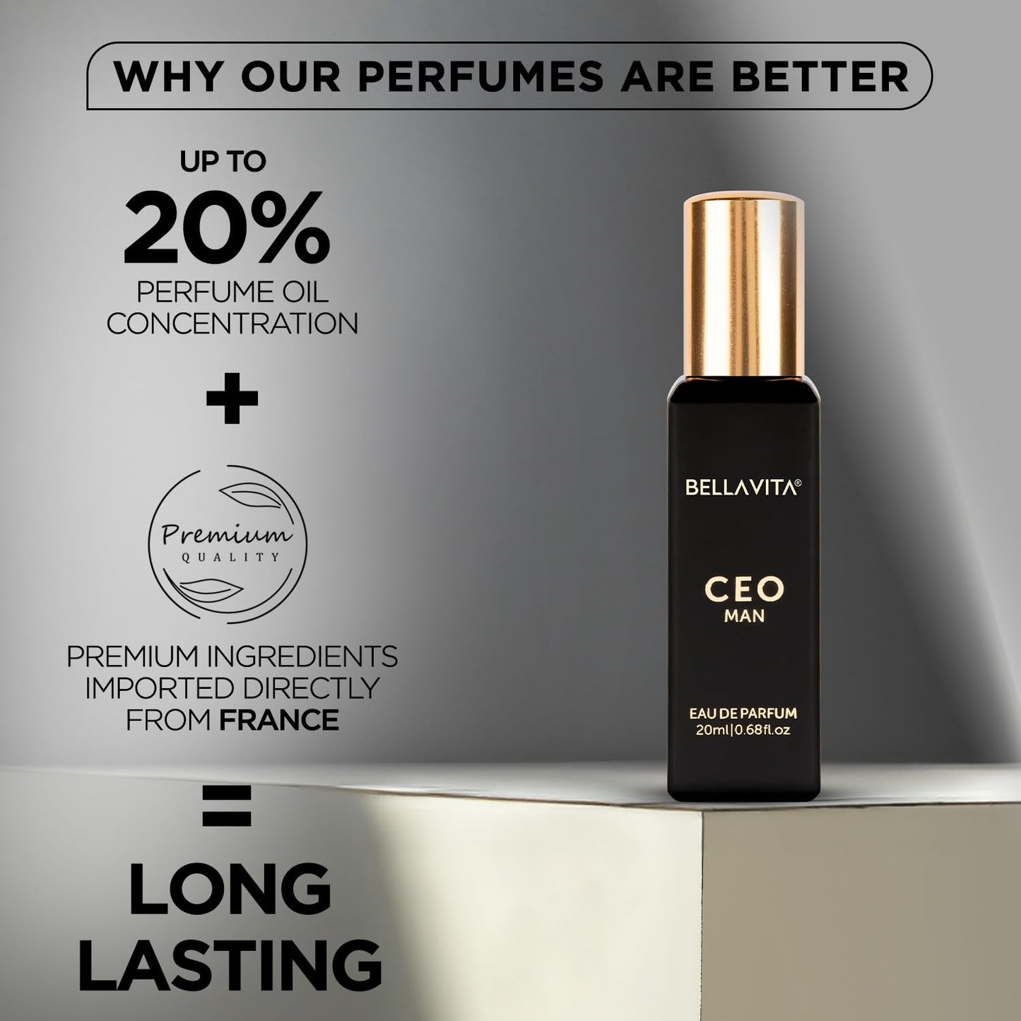Bellavita CEO Man perfume bottle with promotional text on a gray background