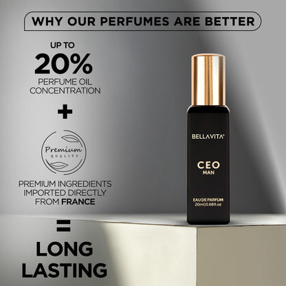 Bellavita CEO Man perfume bottle with promotional text on a gray background
